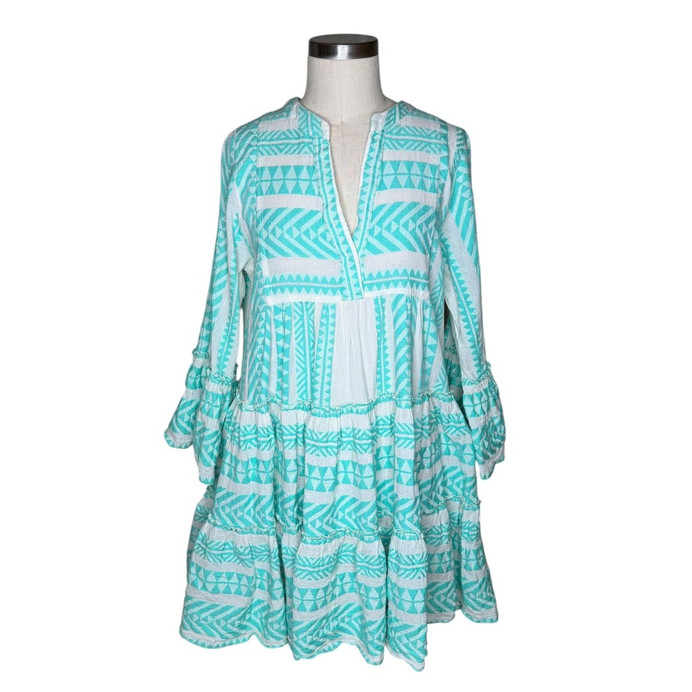 DEVOTION TWINS Ella Tunic Dress Teal‎ Cream Geometric Boho Tiered Women's Medium